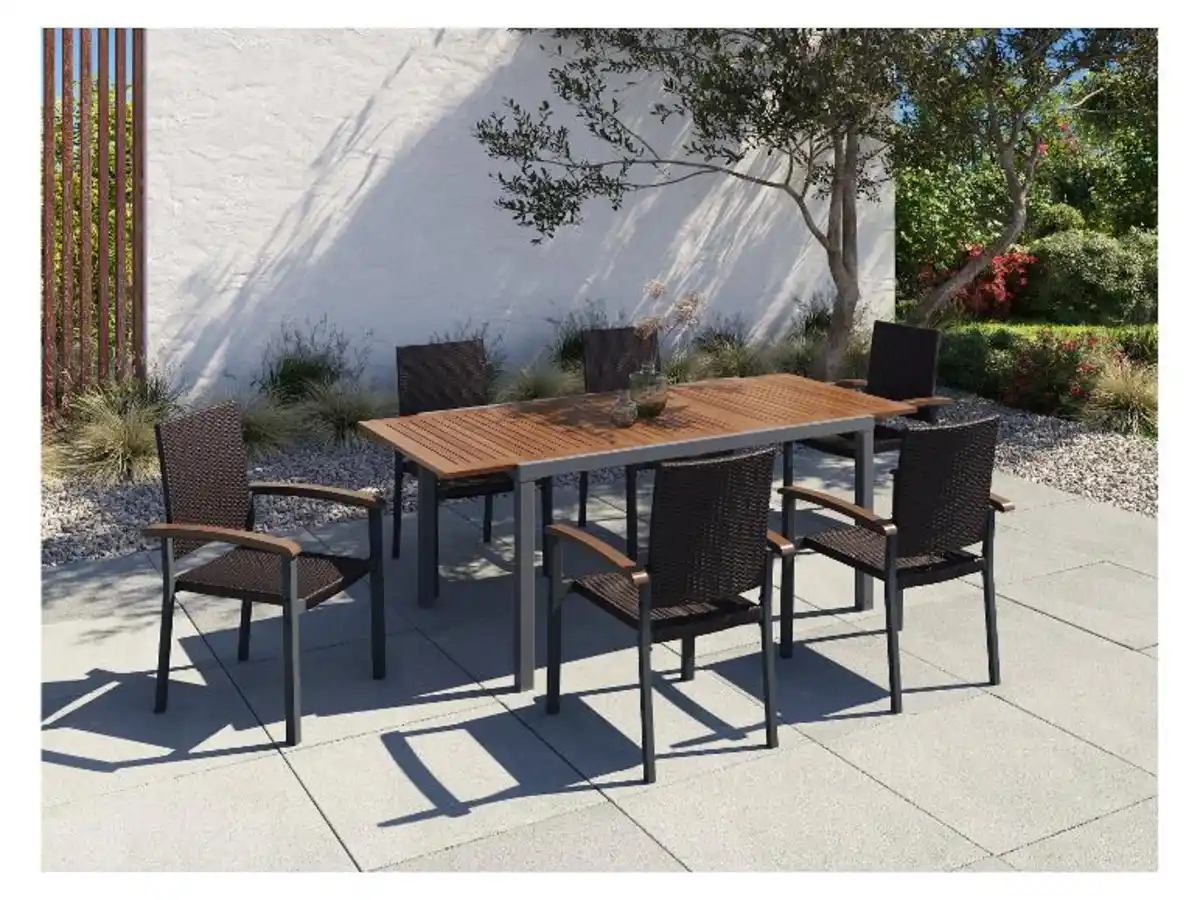 Bild 2 von LIVARNO home Geflecht-Set »Valencia«, 7-teilig - Ausziehtisch & 6 Stapelsessel, braun