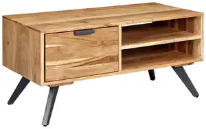 Couchtisch Holz massiv inkl. offenes Fach + Schublade, Naturfarben