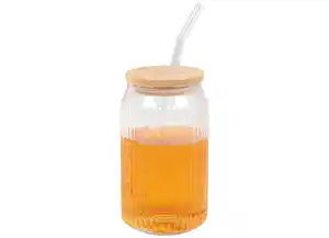 Glas-Trinkbecher mit Bambusdeckel und Trinkhalm 450ml