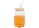 Bild 1 von Glas-Trinkbecher mit Bambusdeckel und Trinkhalm 450ml