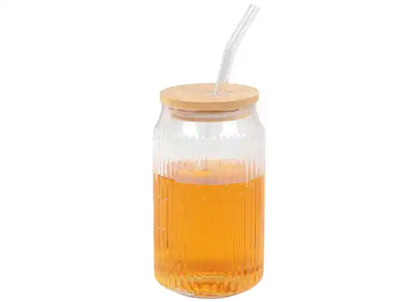 Bild 1 von Glas-Trinkbecher mit Bambusdeckel und Trinkhalm 450ml