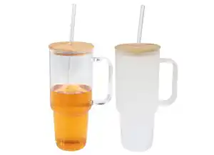 XXL Glas-Trinkbecher mit Bambusdeckel und Trinkhalm 900ml