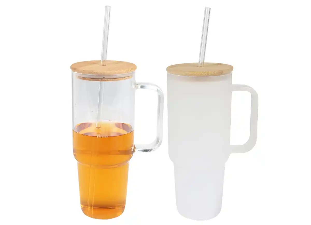 Bild 1 von XXL Glas-Trinkbecher mit Bambusdeckel und Trinkhalm 900ml