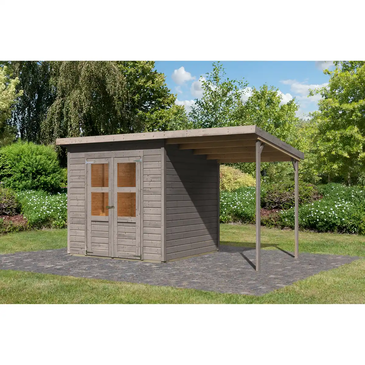 Bild 1 von Karibu Gartenhaus-Set 'Berseburg 4' Fichtenholz vorvergraut mit Anbaudach 370 x 219 x 214 cm