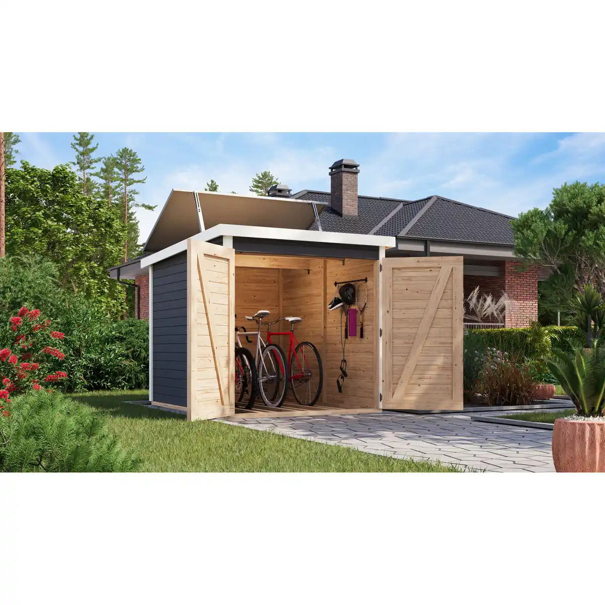 Bild 1 von Karibu Fahrradgarage-Set 'Bike 3' Fichtenholz terragrau mit Solarkit 162,5 x 167 x 216,5 cm