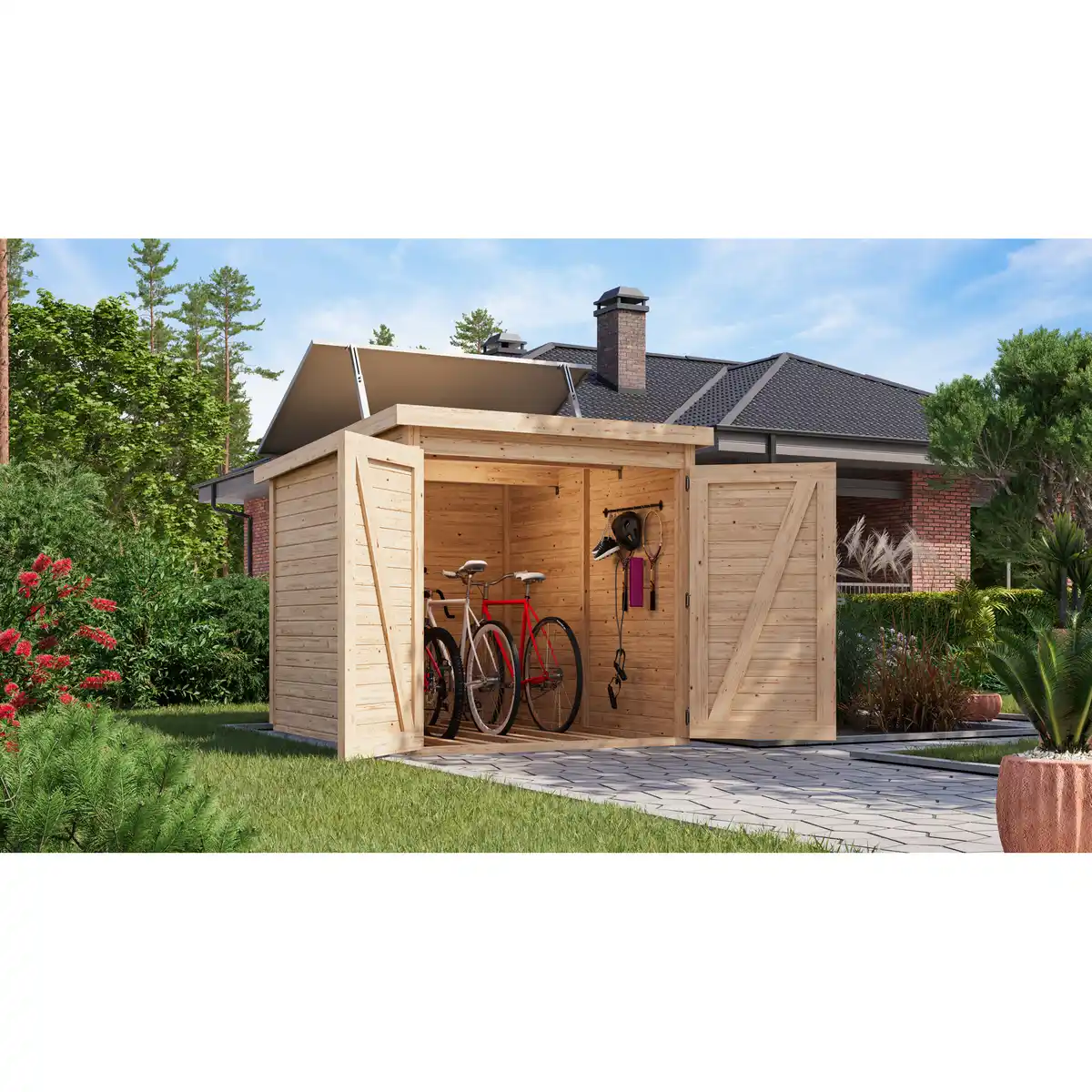 Bild 1 von Karibu Fahrradgarage-Set 'Bike 3' Fichtenholz naturbelassen mit Solarkit 162,5 x 167 x 216,5 cm