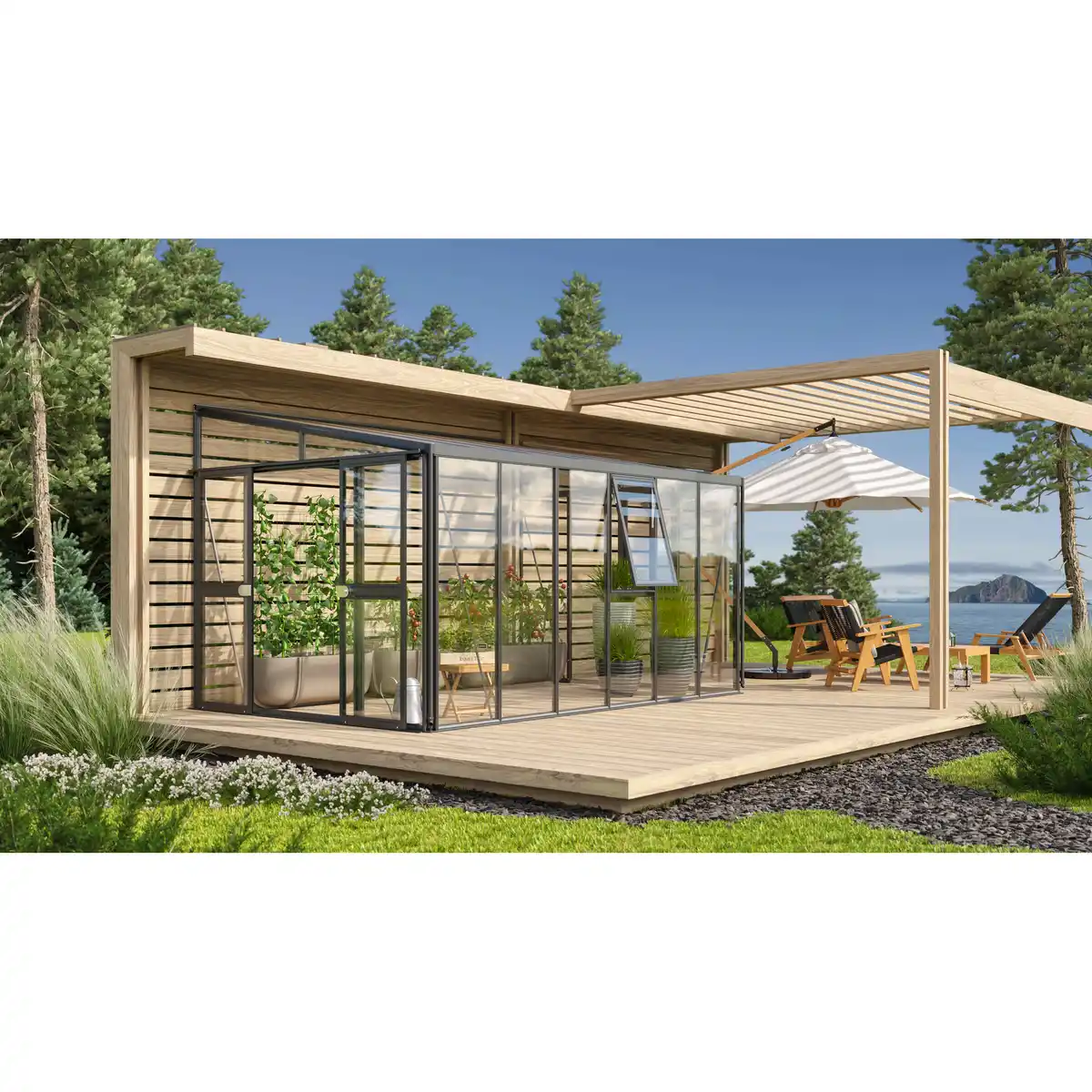 Bild 1 von Vitavia Anlehngewächshaus 'Athena 10200' 267,9 x 406,7 cm mit 3 mm Sicherheitsglas/10 mm Hohlkammerplatten schwarz