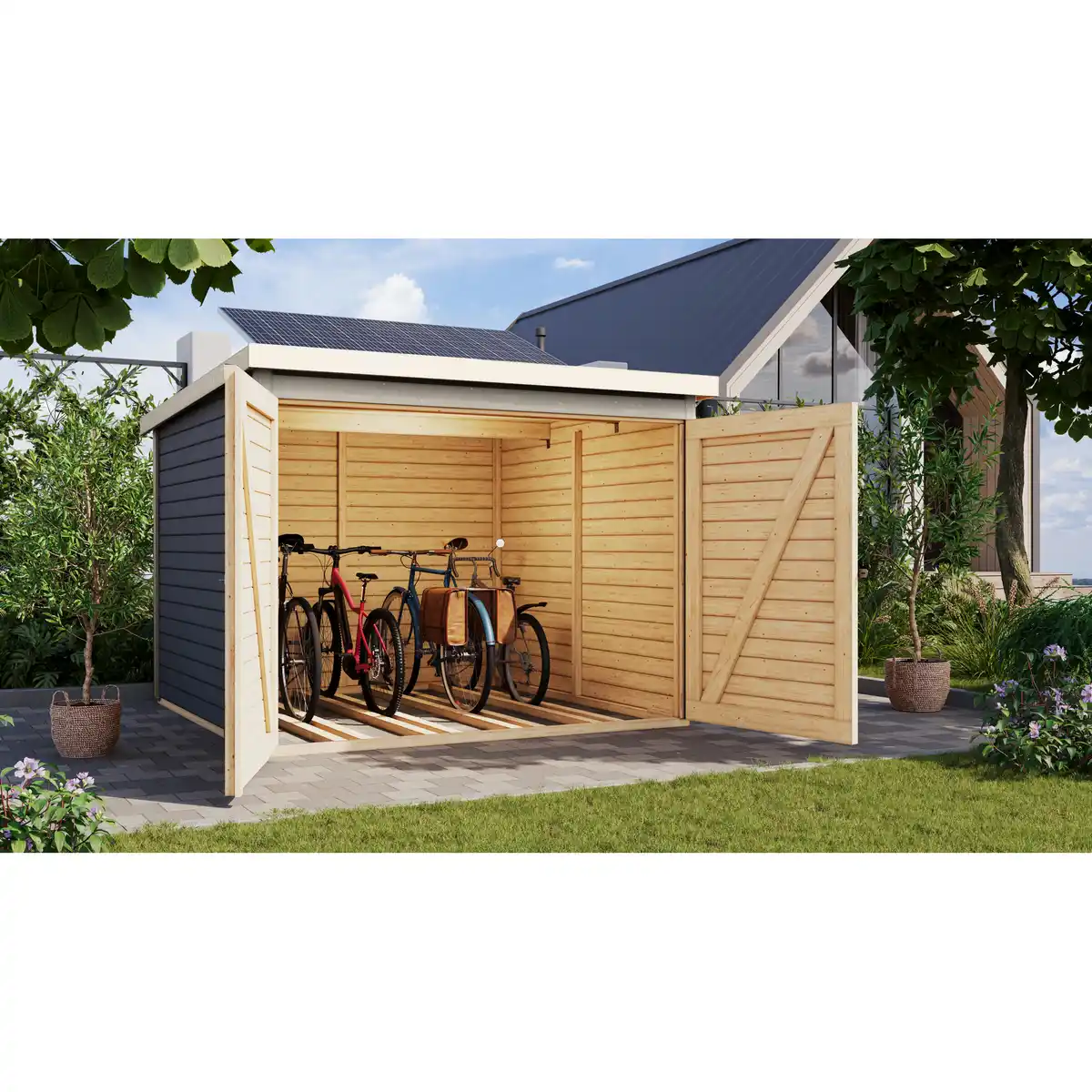 Bild 1 von Karibu Fahrradgarage-Set 'Bike 4' Fichtenholz terragrau mit Solarkit 212,5 x 167 x 216,5 cm