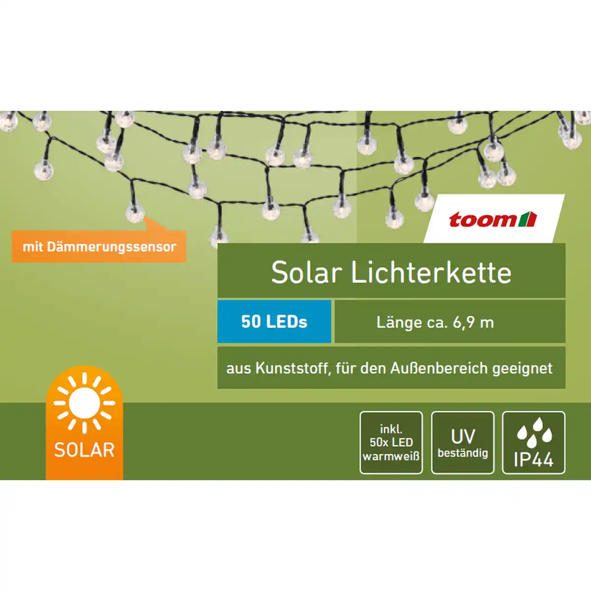 Bild 1 von toom Solar-Lichterkette 50 LEDs warmweiß 690 cm