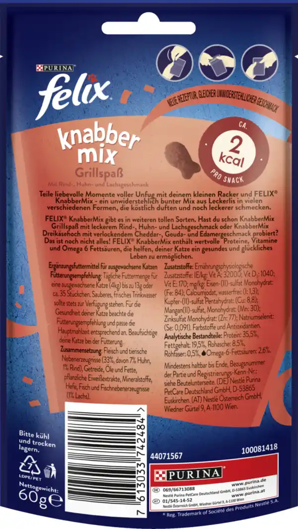 Bild 2 von Felix Knabber Mix Leckerlis Grillspaß mit Rind-, Huhn- & Lachsgeschmack, 60 g