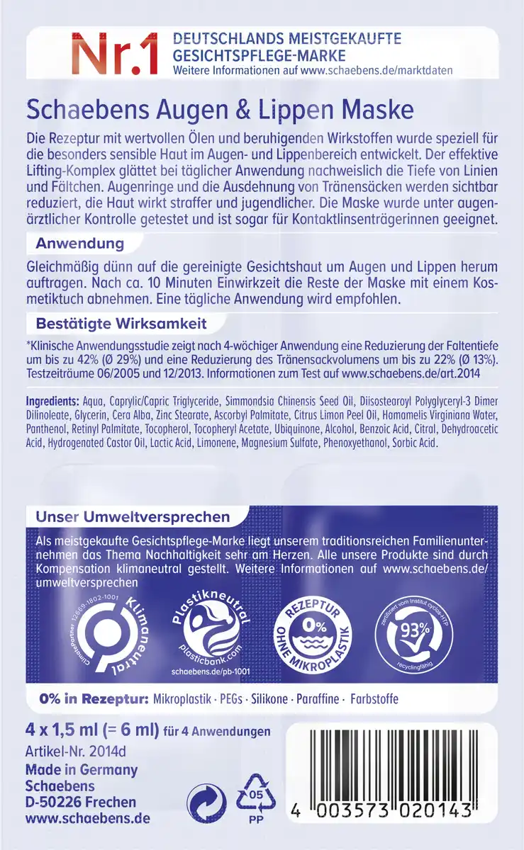Bild 2 von Schaebens Augen & Lippen Maske, 6 ml 4x 1,5 ml = für 4 Anwendungen