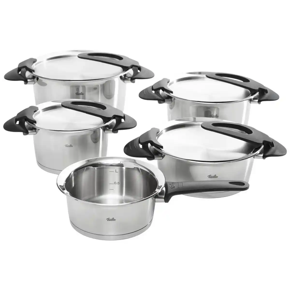 Bild 1 von Fissler Kochtopfset, Silber, Metall, 5-teilig, 16 cm,20 cm,16 cm, rund, Messskala, rostfrei, breiter Schüttrand, Abgießfunktion, Kochen, Töpfe, Topfsets