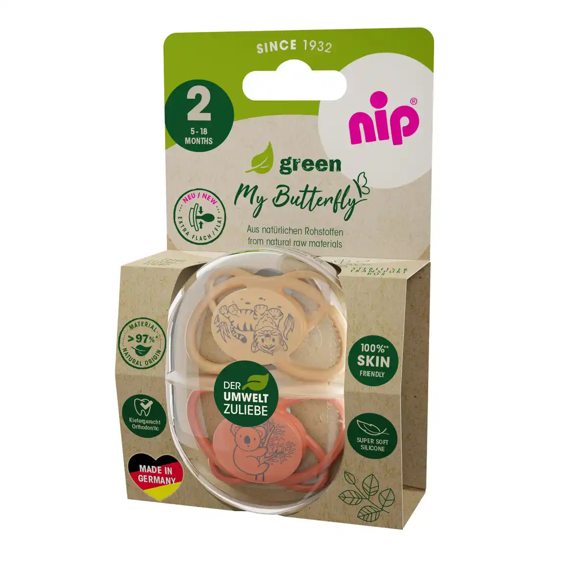Bild 1 von nip® Schnuller My Butterfly Green Silikon Größe 2 (5-18 Monate), 2 Stk