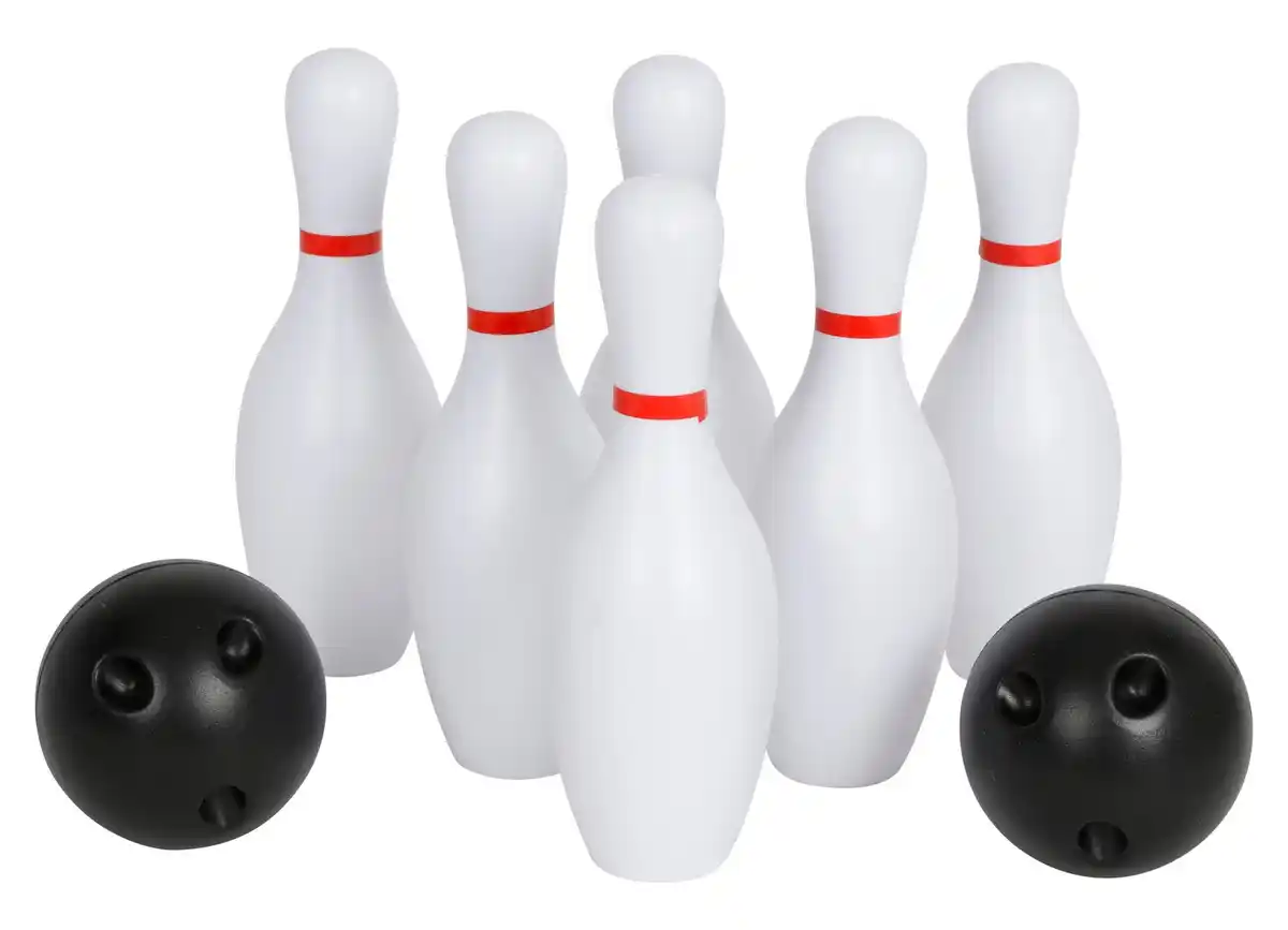 Bild 1 von Bowling-Set 8-teilig Mit diesem Bowling-Set bestehend aus 6 Pins und 2 Kugeln aus Kunststoff bringen Sie das Spielvergnügen jetzt auch nach Hause.