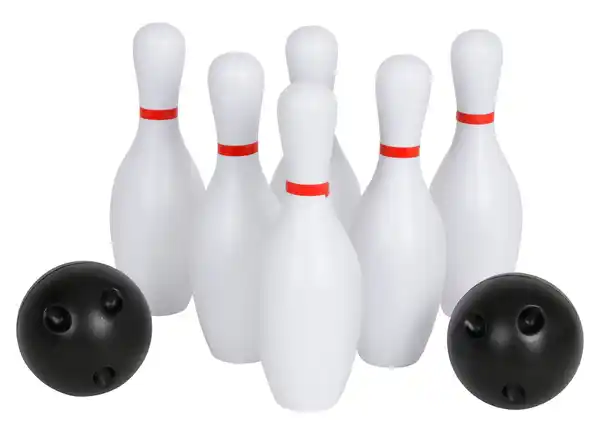 Bild 1 von Bowling-Set 8-teilig Mit diesem Bowling-Set bestehend aus 6 Pins und 2 Kugeln aus Kunststoff bringen Sie das Spielvergnügen jetzt auch nach Hause.
