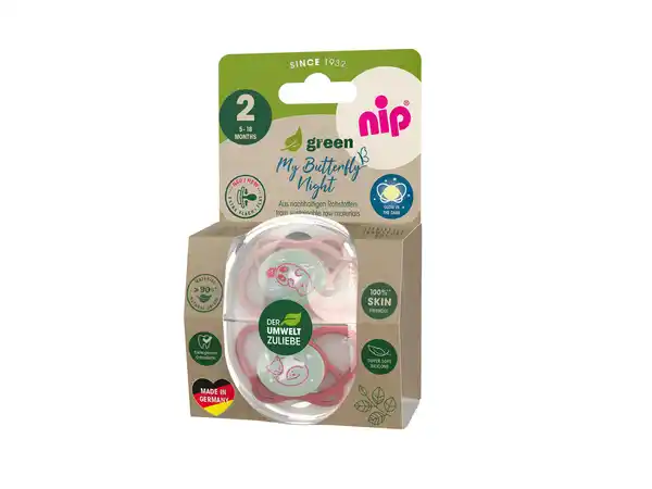 Bild 1 von nip®Schnuller My Butterfly Night Green Silikon Größe 2 (5-18 Monate), 2 Stk