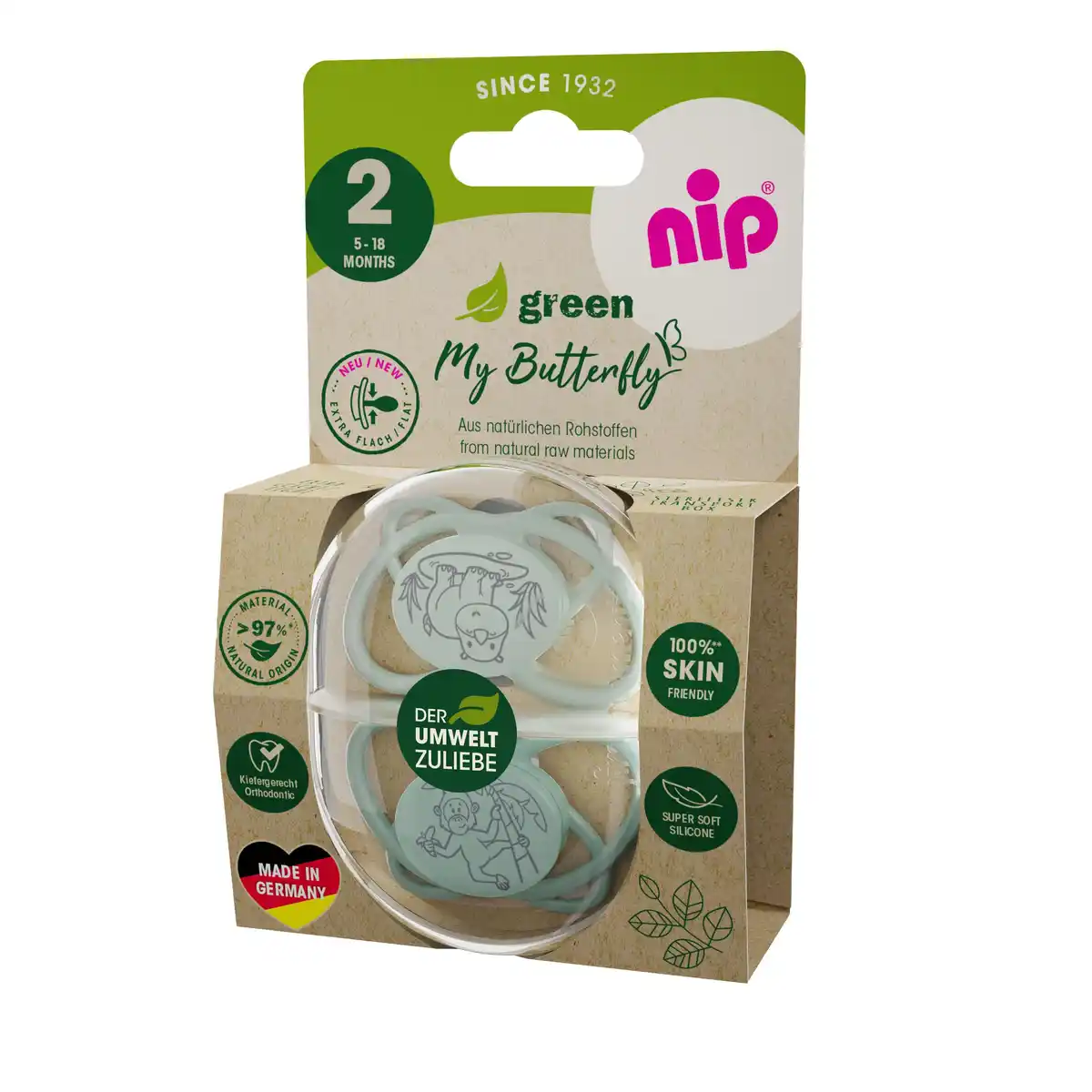 Bild 1 von nip® Schnuller My Butterfly Green Silikon Größe 2 (5-18 Monate), 2 Stk