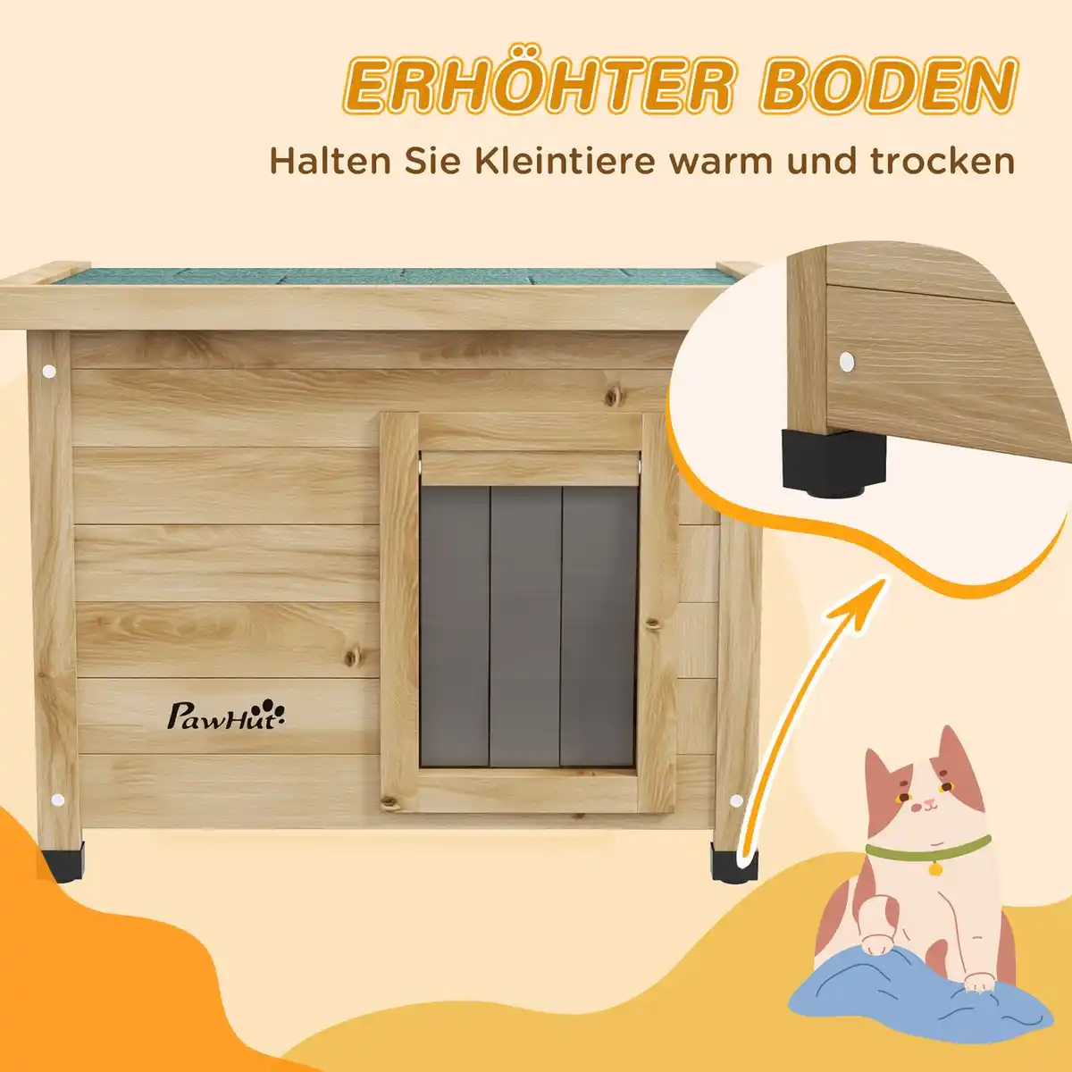 Bild 4 von Katzenhaus aus Holz, Katzenhütte Outdoor, Katzenhöhle mit Türvorhang Gelb