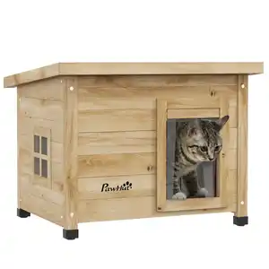 Katzenhaus aus Holz, Katzenhütte Outdoor, Katzenhöhle mit Türvorhang Gelb