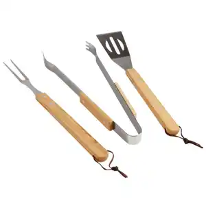 Barbecue-Grillbesteck 3-teilig 3-teiliges robustes Grillbesteck aus Edelstahl mit Holzgriff.