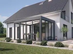 Wintergarten Modern 400 x 300 cm mit Glasschiebetüren grau