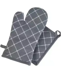 Ofenhandschuh + Topflappen, hellgrau bedruckt