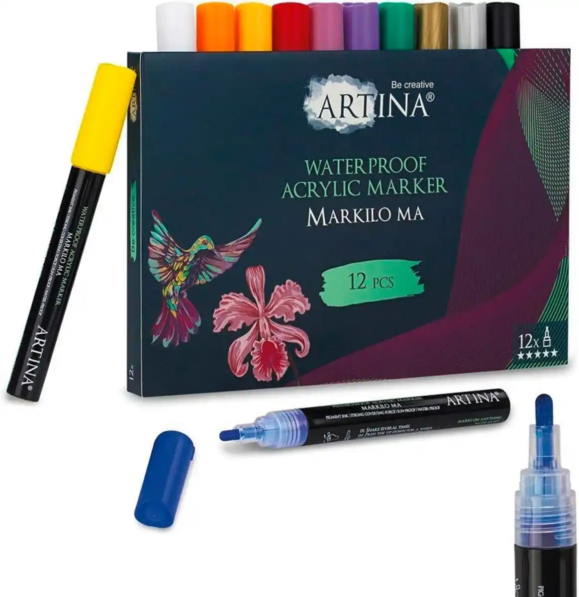 Bild 1 von Acrylstifte  Colour, 12-teilig, Blau, Gelb, Grün, Lila, Orange, Rot, Schwarz, Silberfarben, Weiß, Goldfarben, Violett, Hellgelb