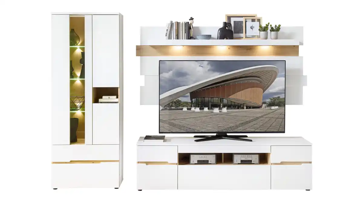 Bild 1 von Wohnwand weiß Artisan Eiche 287 cm mit Beleuchtung - MEMPHIS