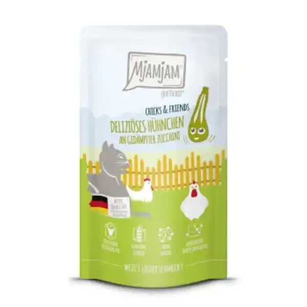 Bild 1 von MjAMjAM Nassfutter Katze Adult, Quetschie Chicks & Friends, Huhn und Zucchini 12x125 g