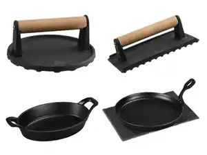 GRILLMEISTER Servierpfanne Gusseisen mit Schieferplatte / Hamburgerpresse / Fleischpresse
