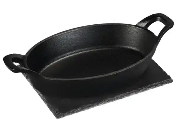 Bild 2 von GRILLMEISTER Servierpfanne Gusseisen mit Schieferplatte / Hamburgerpresse / Fleischpresse