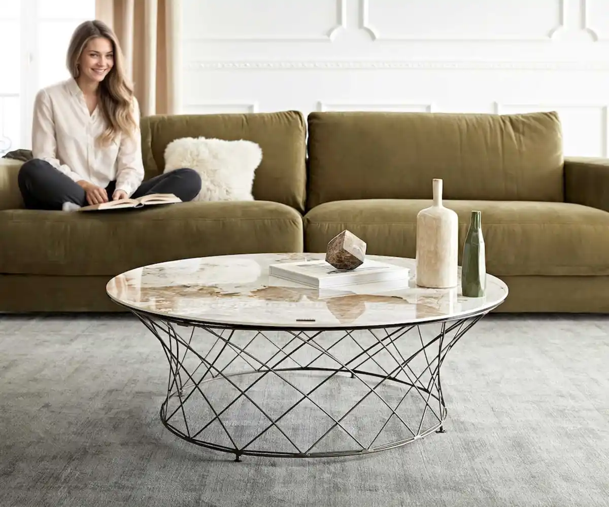 Bild 1 von Couchtisch Lassina 100x100 cm Keramik Minas Melange Weiß-Beige Gestell Metall Effektfinish Titan