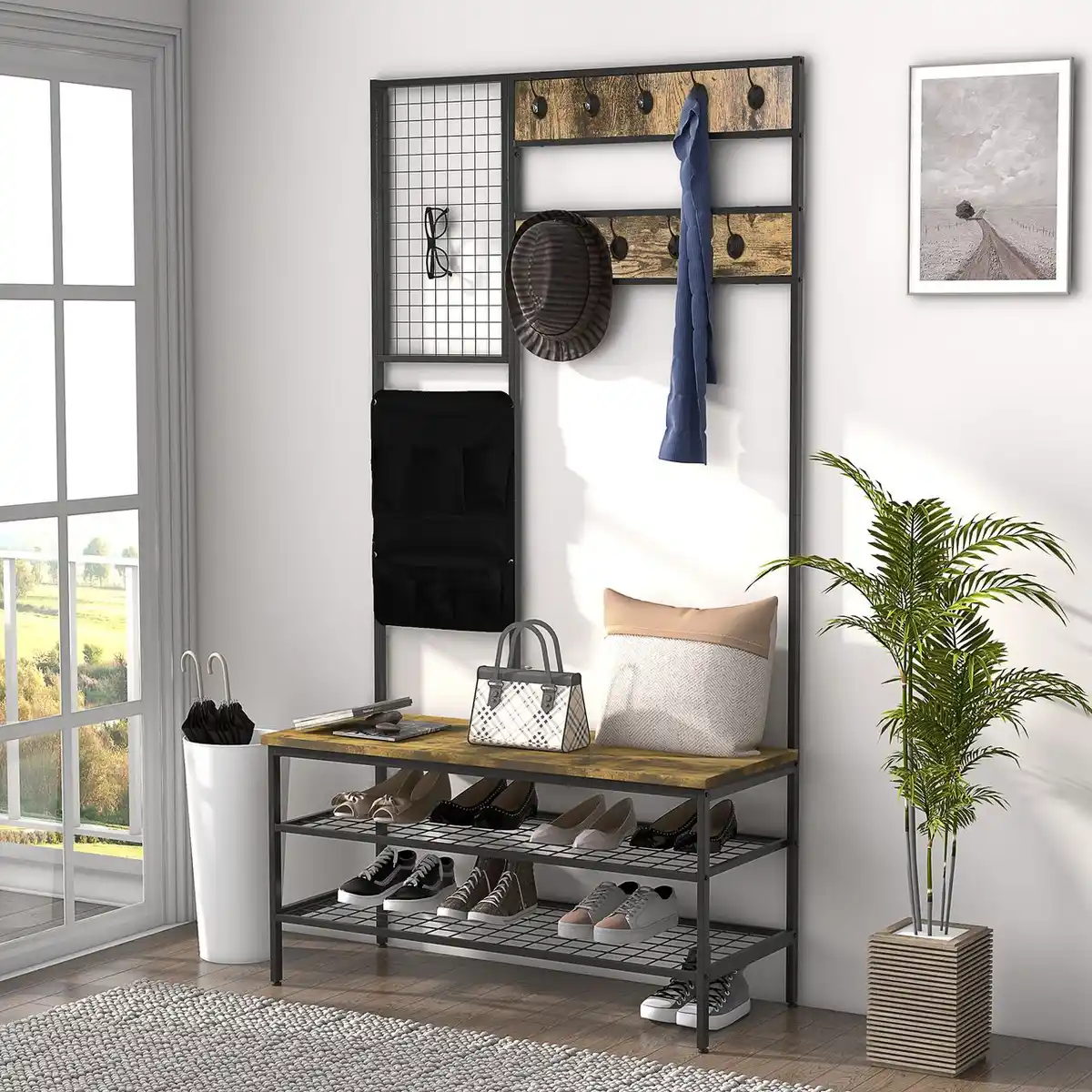 Bild 2 von Garderobenständer, Kleiderständer mit Haken, Schuhregal, Stahl Braun