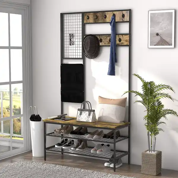 Bild 2 von Garderobenständer, Kleiderständer mit Haken, Schuhregal, Stahl Braun