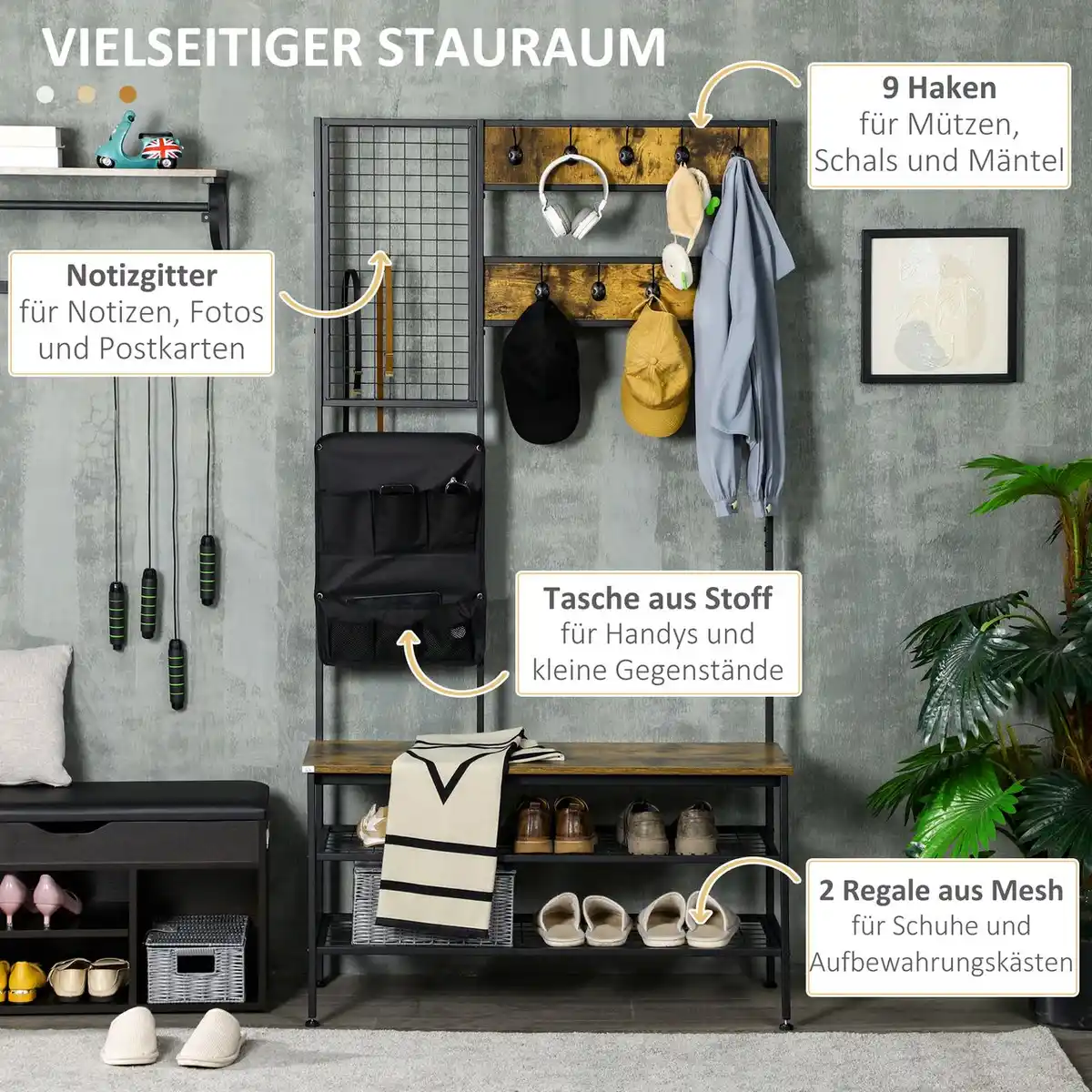 Bild 4 von Garderobenständer, Kleiderständer mit Haken, Schuhregal, Stahl Braun
