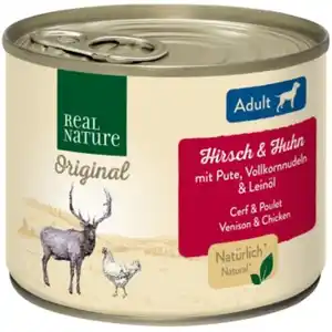 REAL NATURE Original Nassfutter für Hunde Adult Hirsch und Huhn 12x200 g