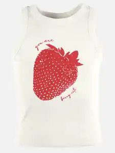 Mädchen Rippshirt mit Erdbeerprint Weiß