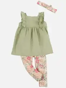 Baby Mädchen 3 teiliges Set, bestehend aus Leggings, Kleid und Stirnba Grün