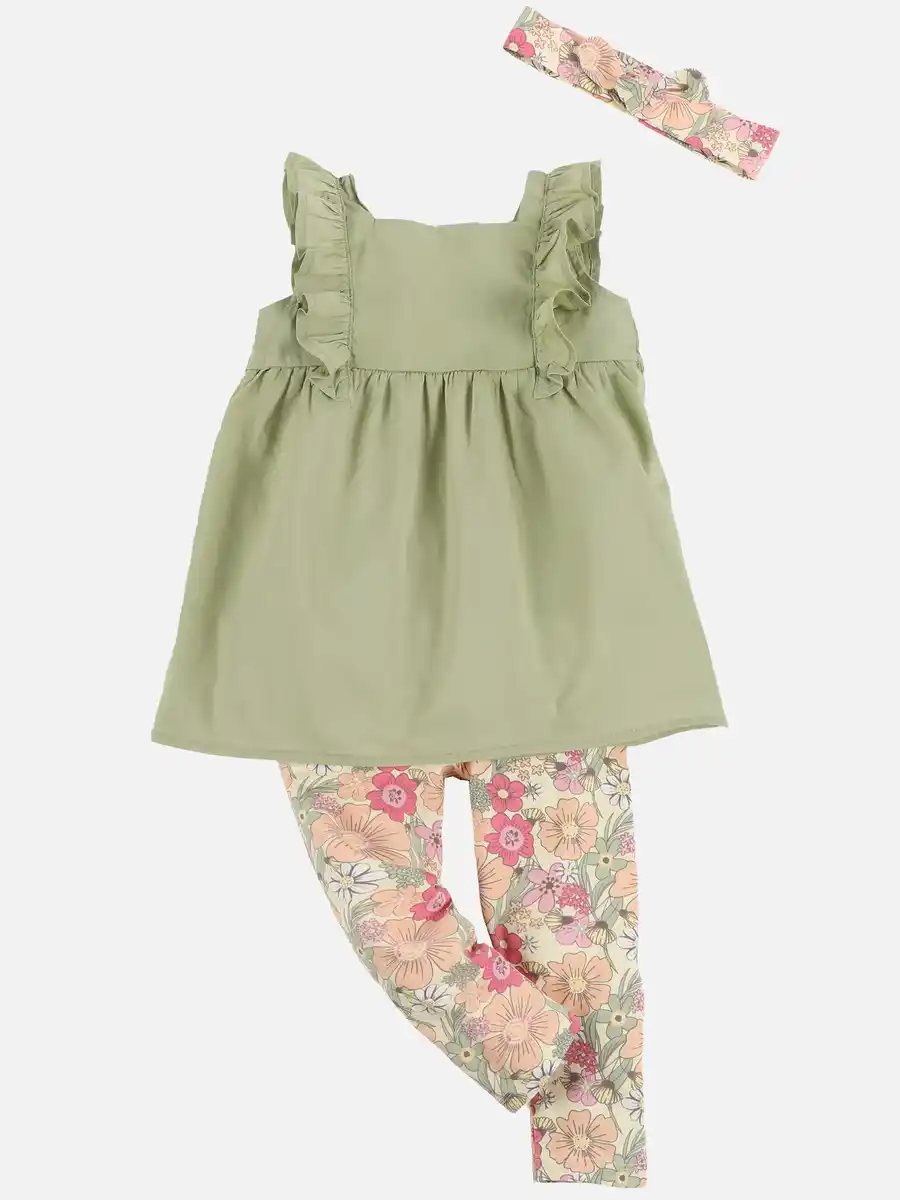 Bild 1 von Baby Mädchen 3 teiliges Set, bestehend aus Leggings, Kleid und Stirnba Grün
