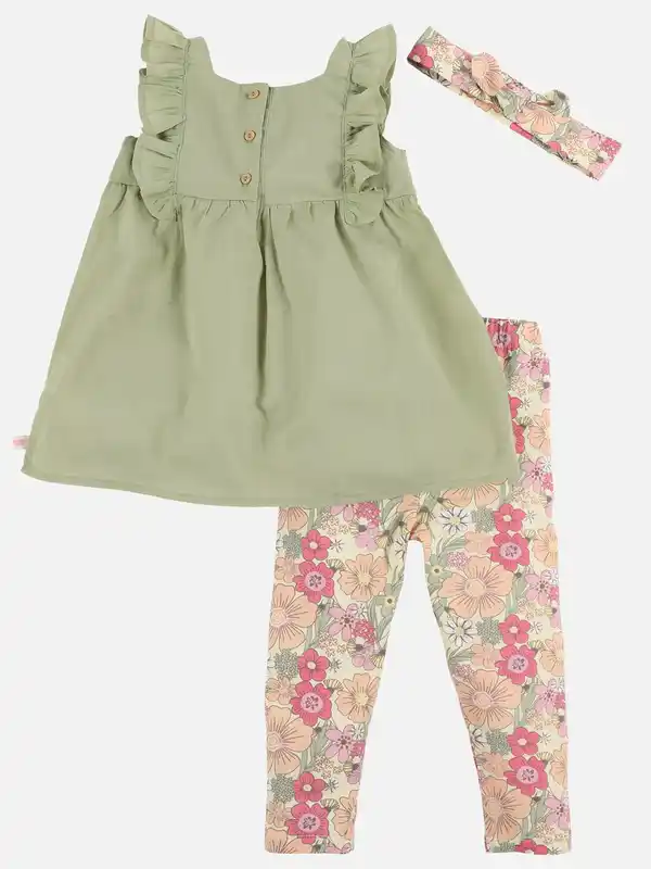 Bild 2 von Baby Mädchen 3 teiliges Set, bestehend aus Leggings, Kleid und Stirnba Grün