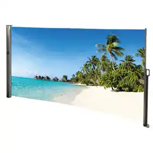 Seitenmarkise 3 x 1,6 m mit Auszug rechts und Fotodruck „Südsee“ links