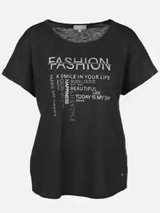 Damen Shirt mit Glitzerprint und Strassbesatz Schwarz