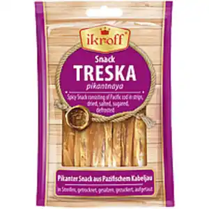 Pikanter Snack aus Pazifischem Kabeljau (Gadus macrocephalus...