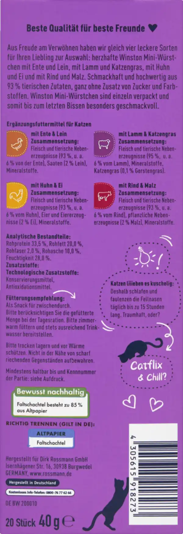 Bild 2 von Winston Mini Würstchen mit Ente & Lein, mit Lamm & Katzengras, mit Huhn & Ei, mit Rind & Malz, 40 g