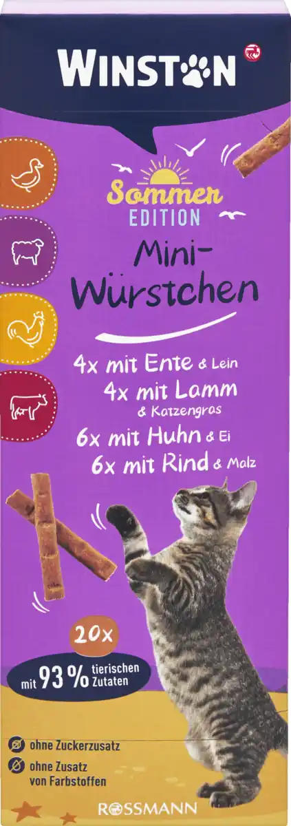 Bild 1 von Winston Mini Würstchen mit Ente & Lein, mit Lamm & Katzengras, mit Huhn & Ei, mit Rind & Malz, 40 g