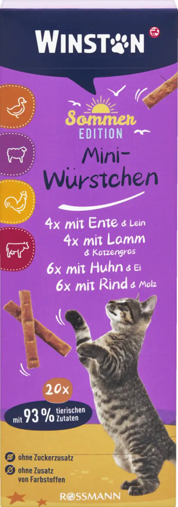 Bild 1 von Winston Mini Würstchen mit Ente & Lein, mit Lamm & Katzengras, mit Huhn & Ei, mit Rind & Malz, 40 g