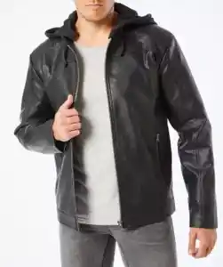 Kunstlederjacke mit Sweat-Kapuze, schwarz
