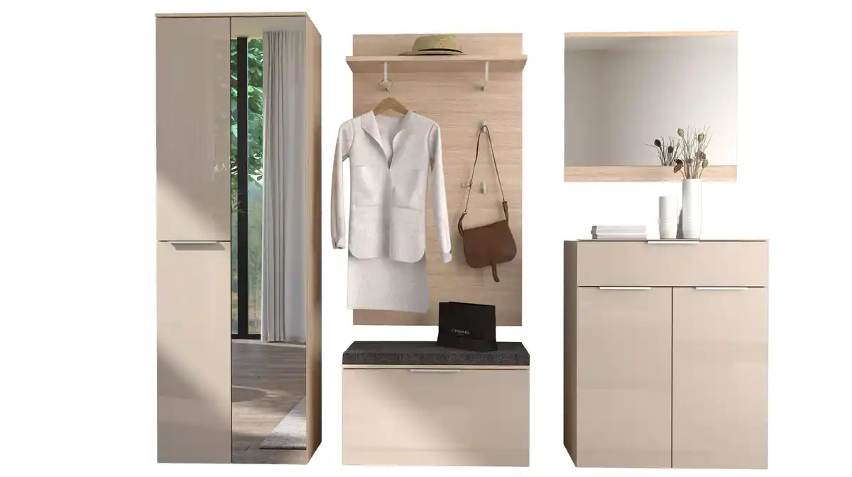 Bild 1 von Garderoben-Set beige Glasfront Eiche 255 x 196 cm - SANTORIN