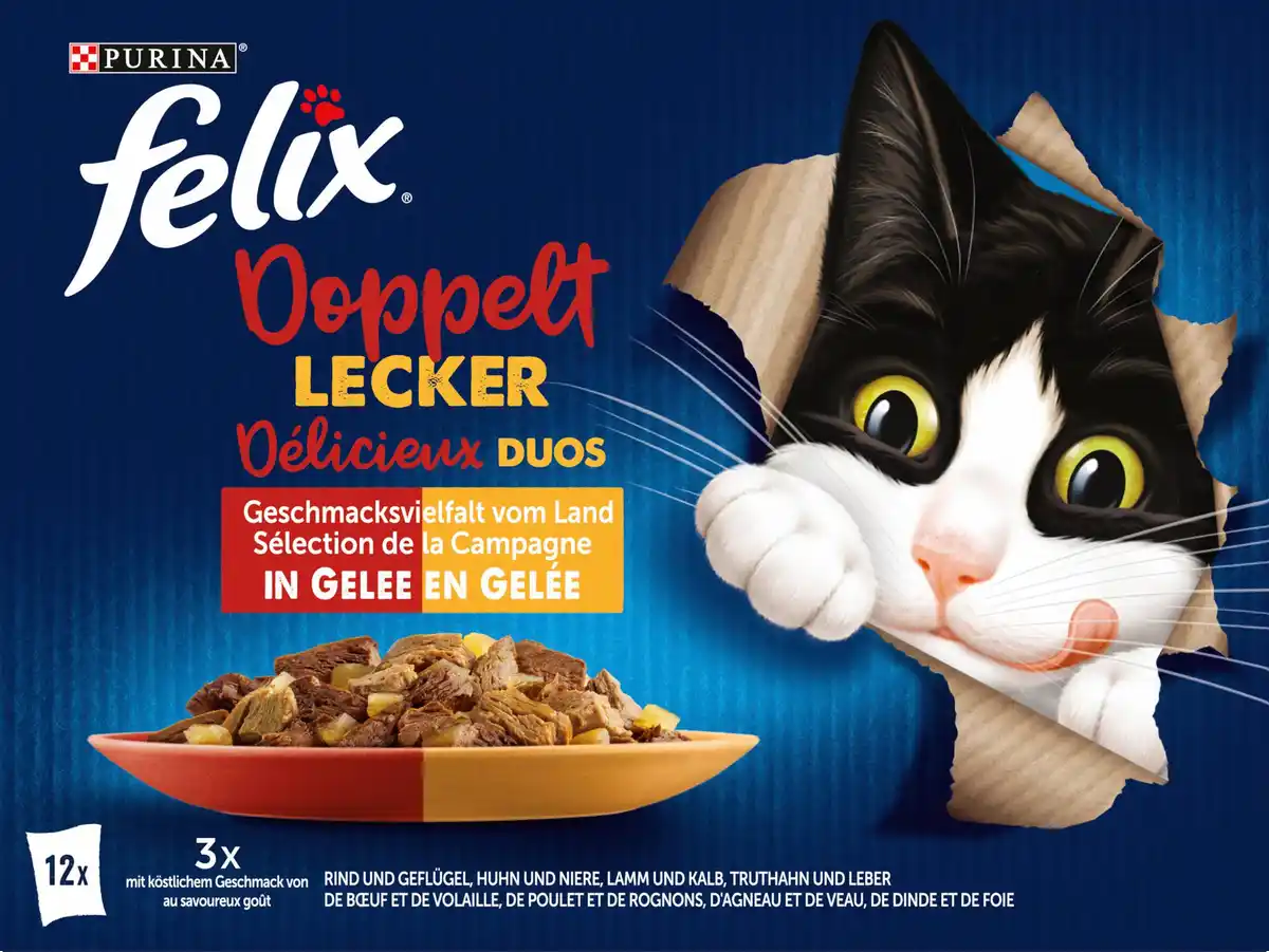 Bild 1 von PURINA FELIX Katzennassfutter Doppelt Lecker Geschmacksvielfalt vom Land in Gelee, 1020 g