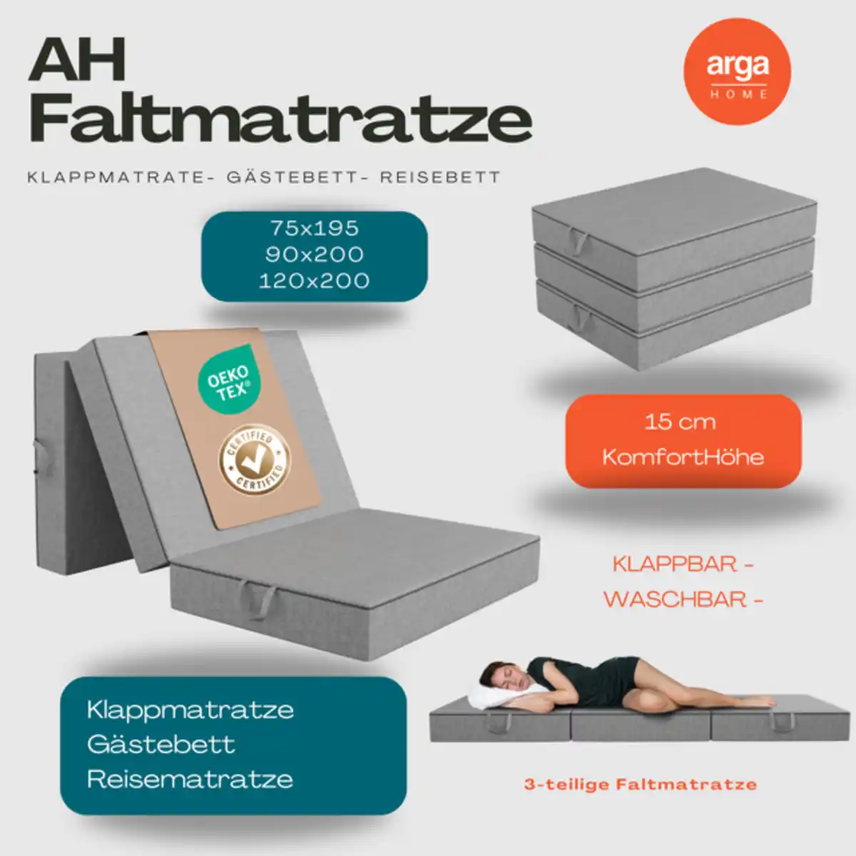 Bild 1 von AH-Falt Klappmatratzen H3 15 cm– 3-teilige Faltmatratze, Gästematratze,
